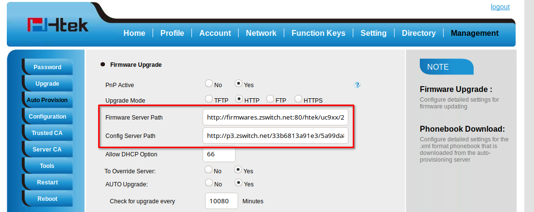 Htek Upgrade and Provisioning Page after provisioning