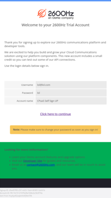 An email containing a username, password, account and a sign in link.