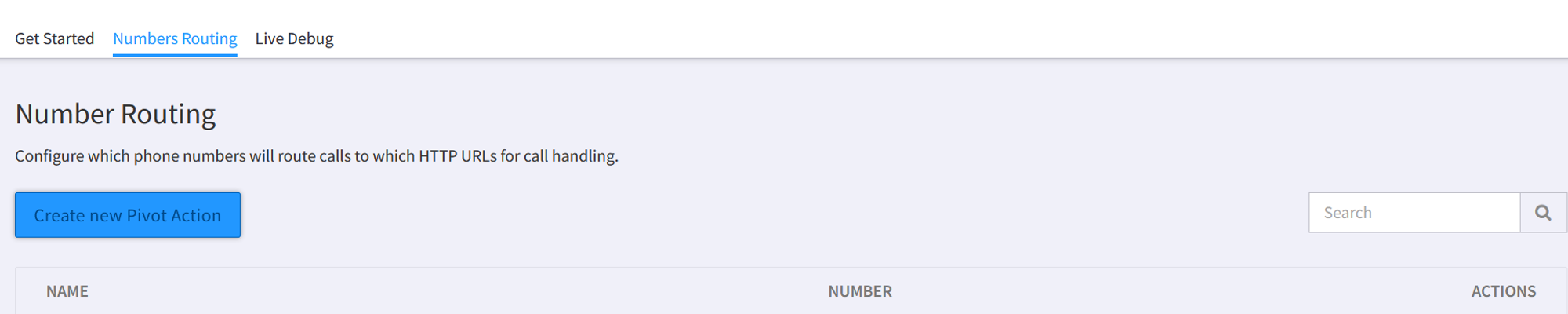 A screenshot of the Pivot web application showing a navigation element "Number&#x27;s Routing"