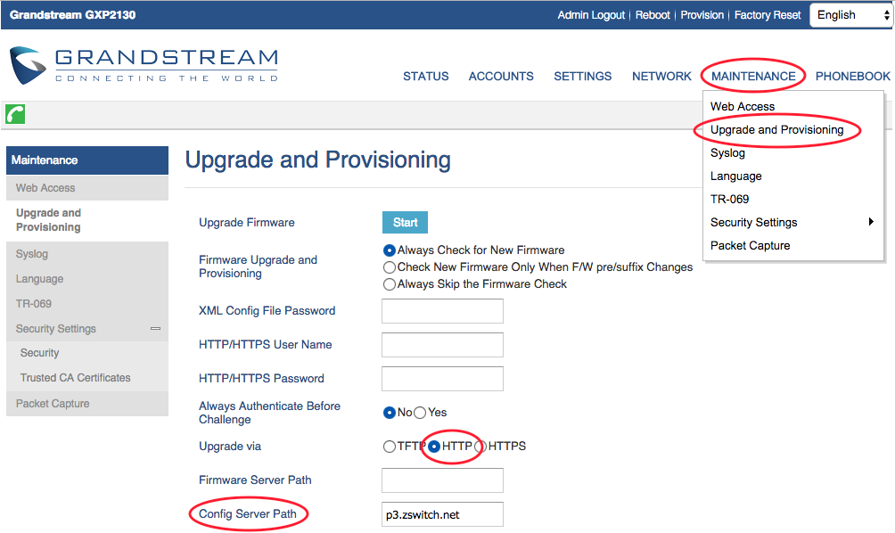 Grandstream Upgrade and Provisioning Page