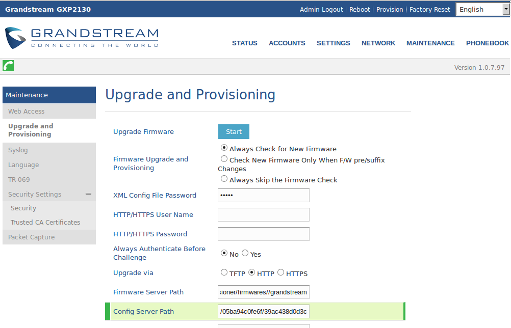 Grandstream Upgrade and Provisioning Page after provisioning